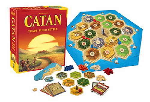 Catan board game with hexagonal tiles and settlements