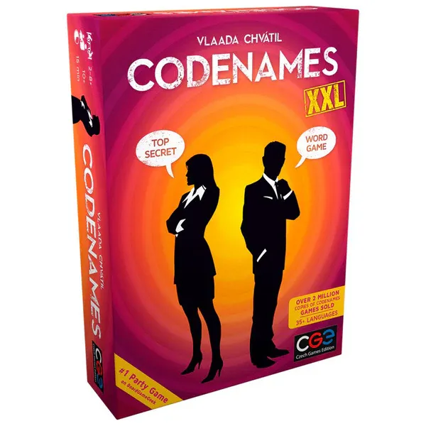 Codenames board game with word cards laid out in grid