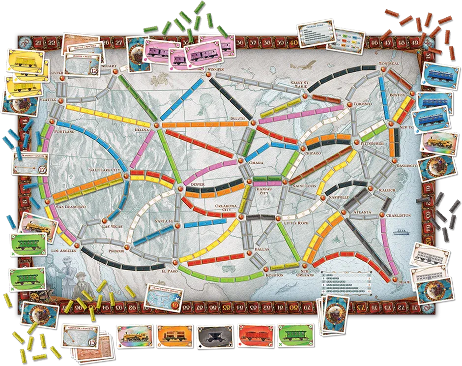 Ticket to Ride board game with train routes map