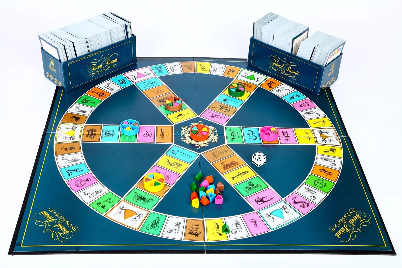 Trivial Pursuit board game with pie-shaped board and question cards